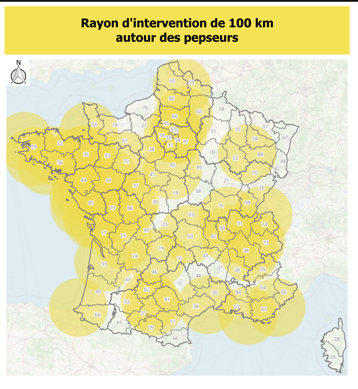 Carte du rayon d'intervention de 100 km autour de chaque kinésithérapeute PEP'S en France